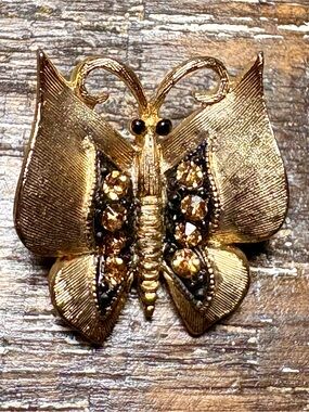 Vintage JJ Florentine Butterfly Brooch Signed Gold Tone Amber Rhinestone